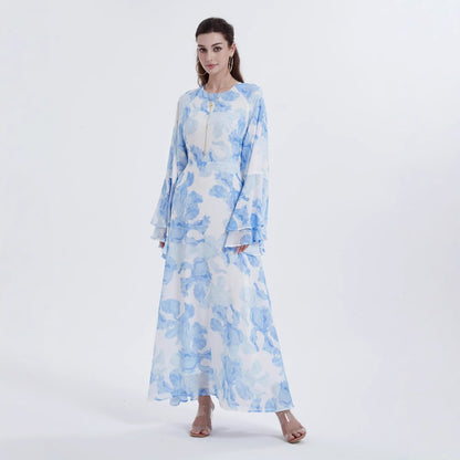 Muslim Chiffon Printed Bell Sleeve Dress