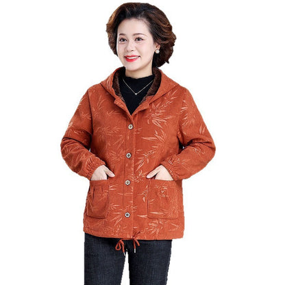 Fleece Lined Coat Hooded Short Middle-aged And Elderly Women's Wadded Jacket