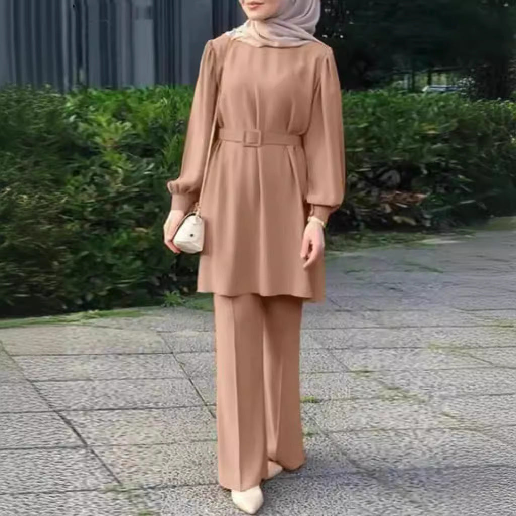 Middle East Muslim Round Neck Long Sleeve Belt Elastic Waist Top And Trousers Suit