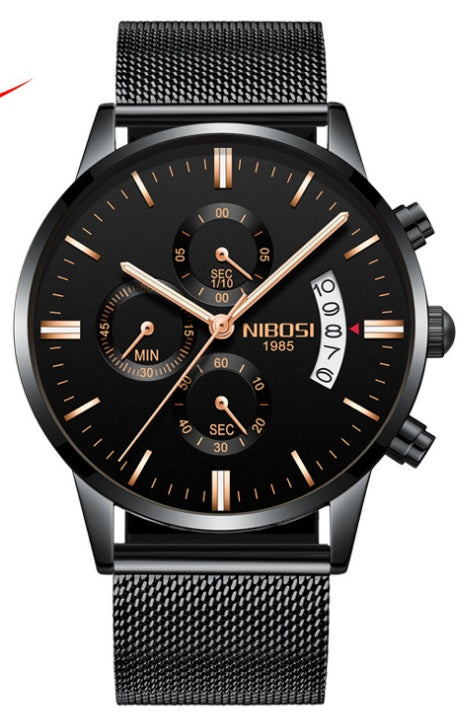 Solid steel belt men's watch waterproof coated glass luminous three-eye 6-pin quartz watch