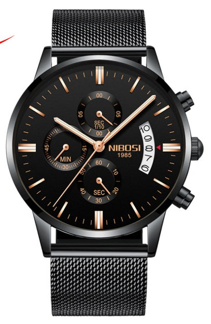 Solid steel belt men's watch waterproof coated glass luminous three-eye 6-pin quartz watch