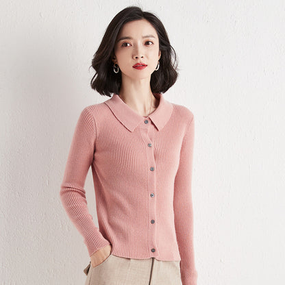 Polo Collar Slim Fit Slimming Long Sleeves Top Breasted Cardigan