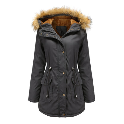 Women's Hooded Fur Collar Fleece-lined Warm Jacket