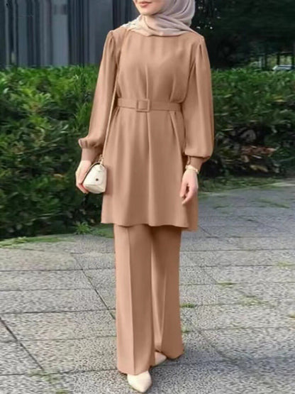 Middle East Muslim Round Neck Long Sleeve Belt Elastic Waist Top And Trousers Suit