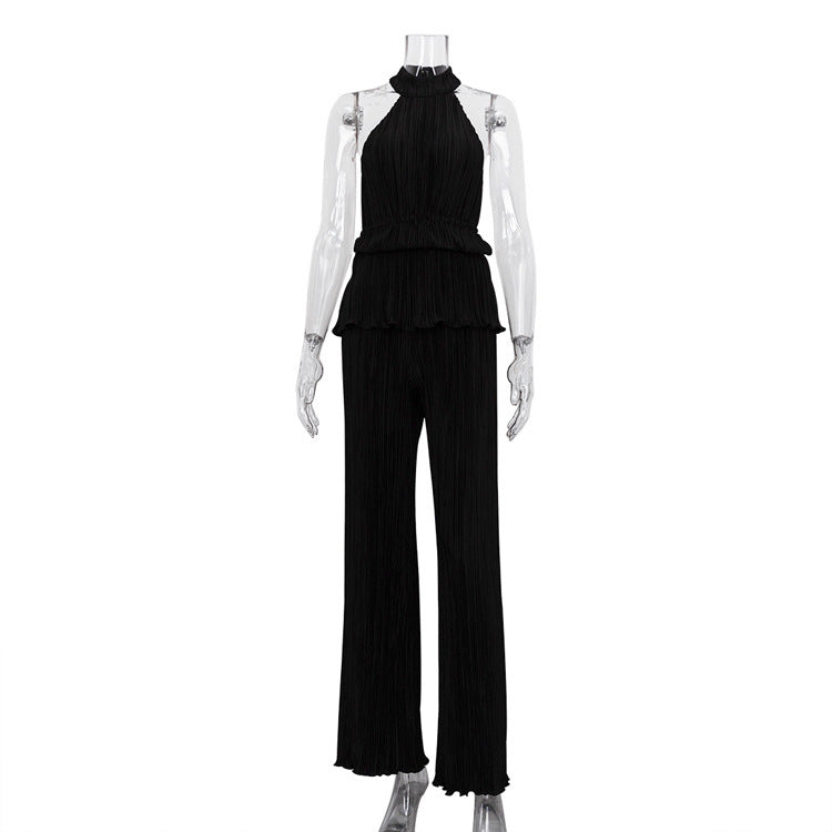 Pleated High Waist Wide Leg Pants Suit Women