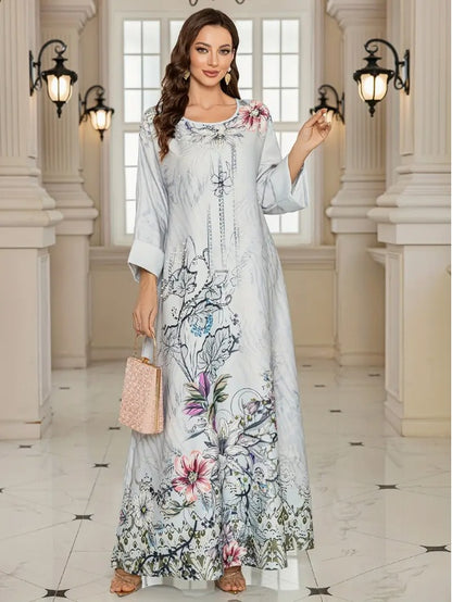 Elegant Floral Print Long Sleeve Abaya Dress