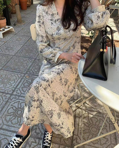 Elegant V Neck Printed Puff Sleeves High Waist Slim Long Dress