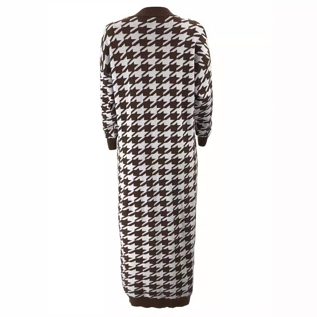 Women's Middle East Muslim Houndstooth Woolen Cardigan Jacket