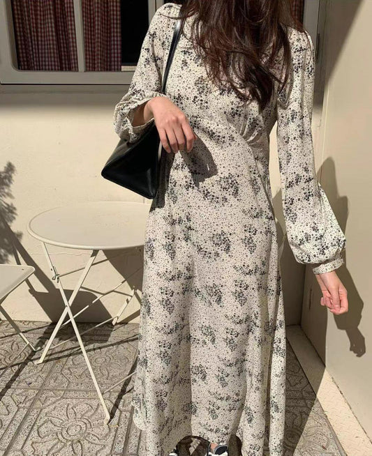 Elegant V Neck Printed Puff Sleeves High Waist Slim Long Dress