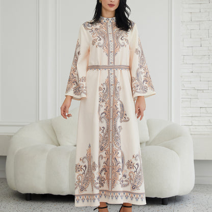 Stand Collar Printing Long Retro Muslim Dress