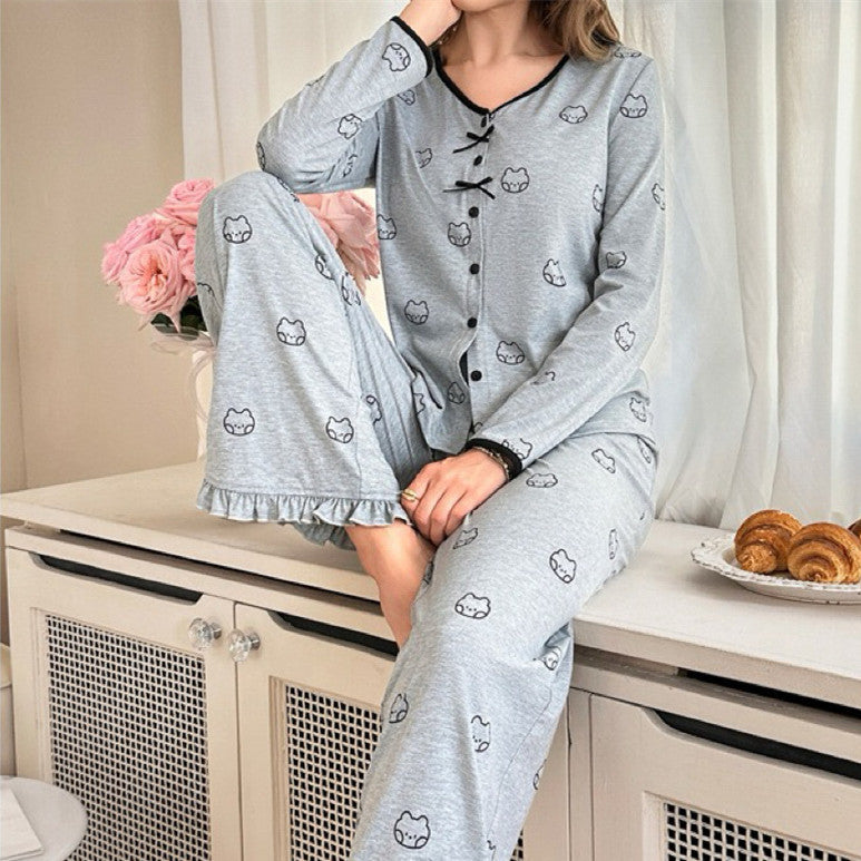 Ladies' Printed Bow Pants With Wooden Edge And Ear Sleepwear