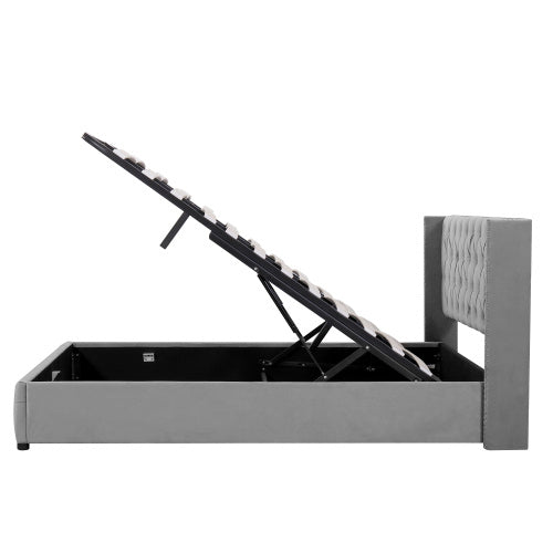 Upholstered Bed, With Hydraulic Lever, Functional Bed From Storage, 150 X 200 Cm, Without Mattress, Velvet, Gray