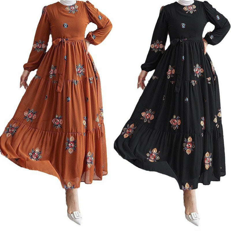 Muslim New Pure Color Embroidery With Belt Fashion Elegant Dress