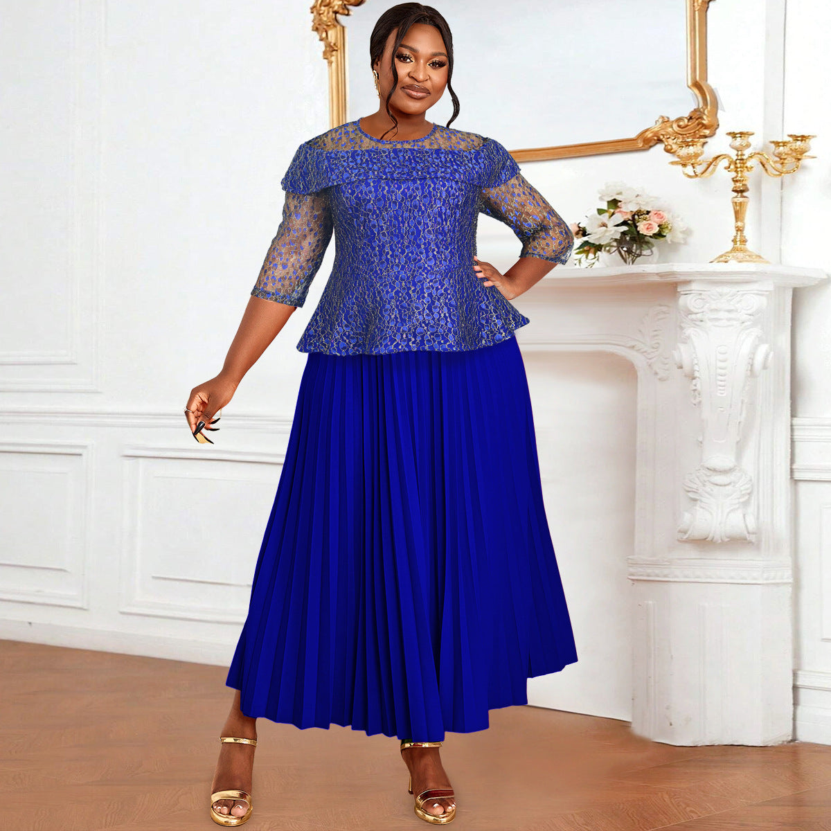 Women's Solid Color Versatile Lace Long Sleeved Pleated Skirt