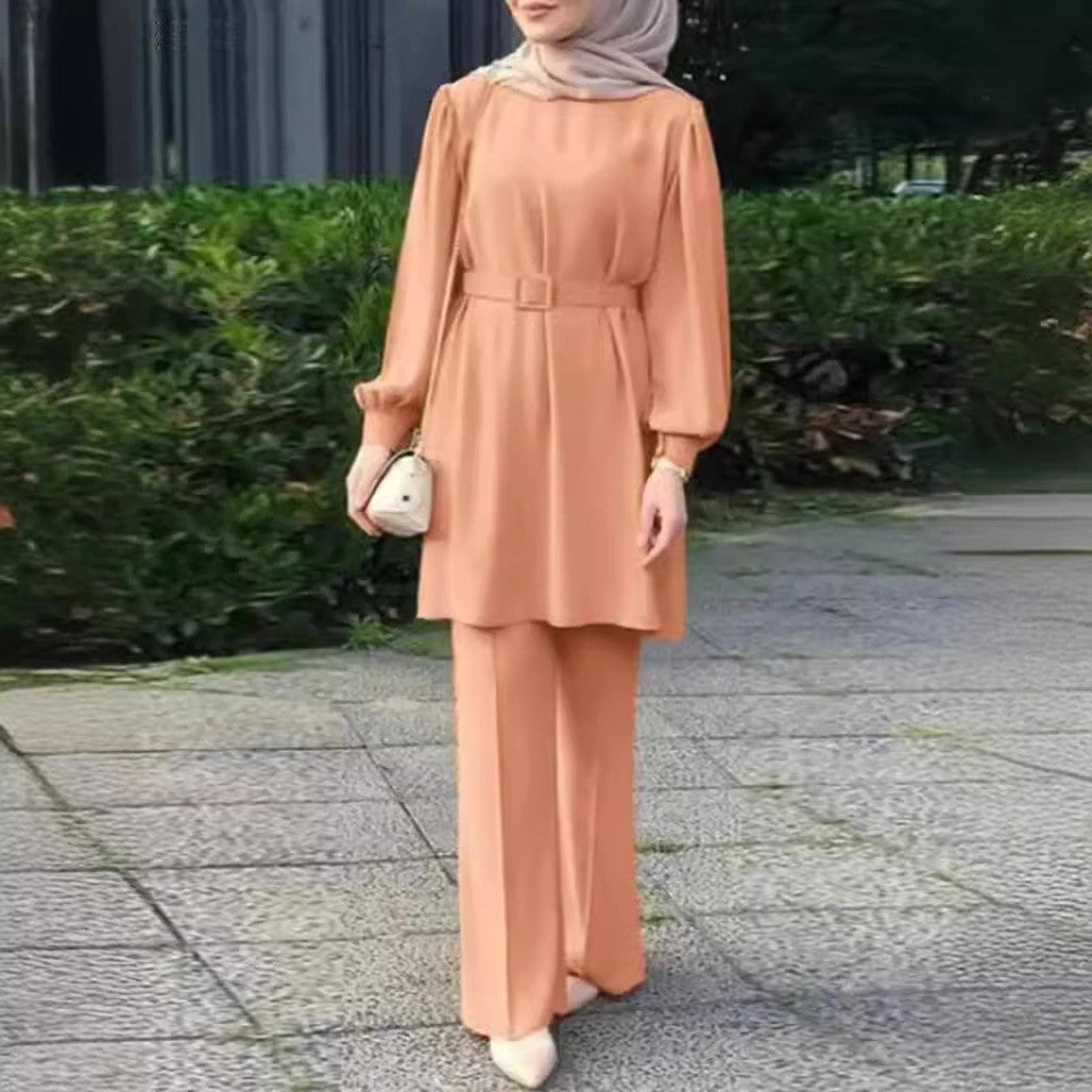Middle East Muslim Round Neck Long Sleeve Belt Elastic Waist Top And Trousers Suit