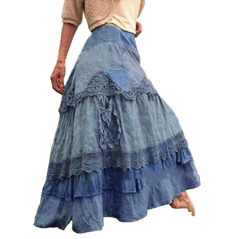 Women's Dresses Stitching Lace And Big Hem Cake Skirt