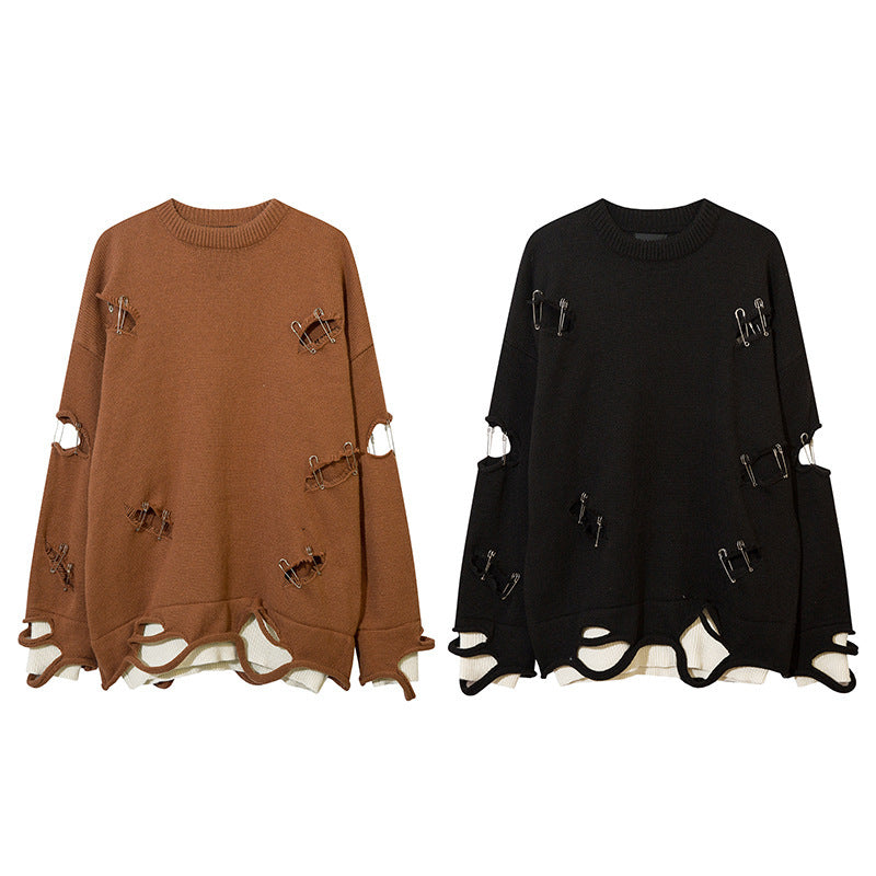 Ripped Hollow-out Decorative Pin Knitwear