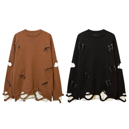 Ripped Hollow-out Decorative Pin Knitwear