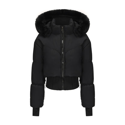 Women's Waist-tight Big Fur Collar Hooded Short Cotton Jacket