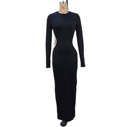 Colorblock Slim Fit Round Neck Long Sleeves Finger Stall Dress