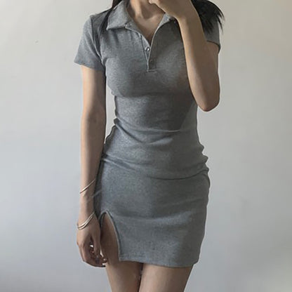Fashionable Polo Collar Knitted Split Dress