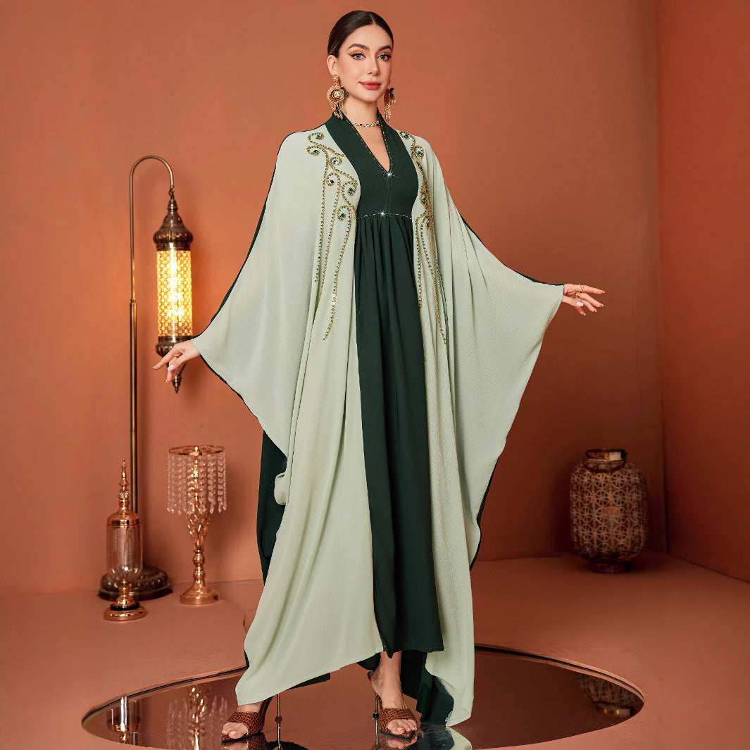 Dark Green Color Matching Handmade Embroidered Beads Batwing Sleeve Cloak Muslim Fashionable Elegant Gown