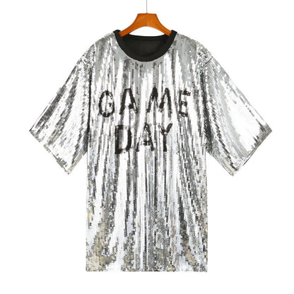 Sequined Short-sleeved Top Loose Plus Size T-shirt For Women