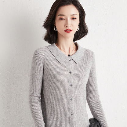 Polo Collar Slim Fit Slimming Long Sleeves Top Breasted Cardigan