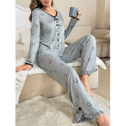 Ladies' Printed Bow Pants With Wooden Edge And Ear Sleepwear