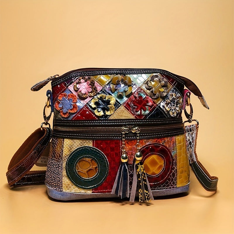 Genuine Leather Serpentine Color Handmade Casual Daily Tassel Flowers Shoulder Messenger Bag For Women