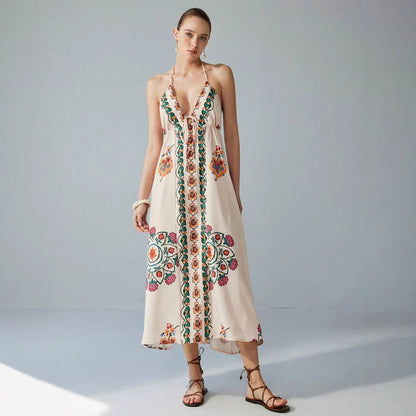 Vacation Spaghetti Straps Colorful Flower Print Maxi Dress