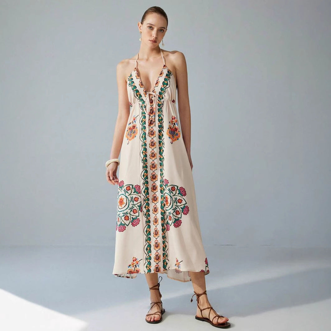 Vacation Spaghetti Straps Colorful Flower Print Maxi Dress