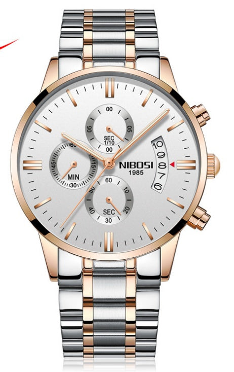 Solid steel belt men's watch waterproof coated glass luminous three-eye 6-pin quartz watch