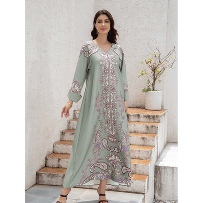 Muslim Women's Wear Robe Printing Hot Bead V-neck Turned Cuff Dress