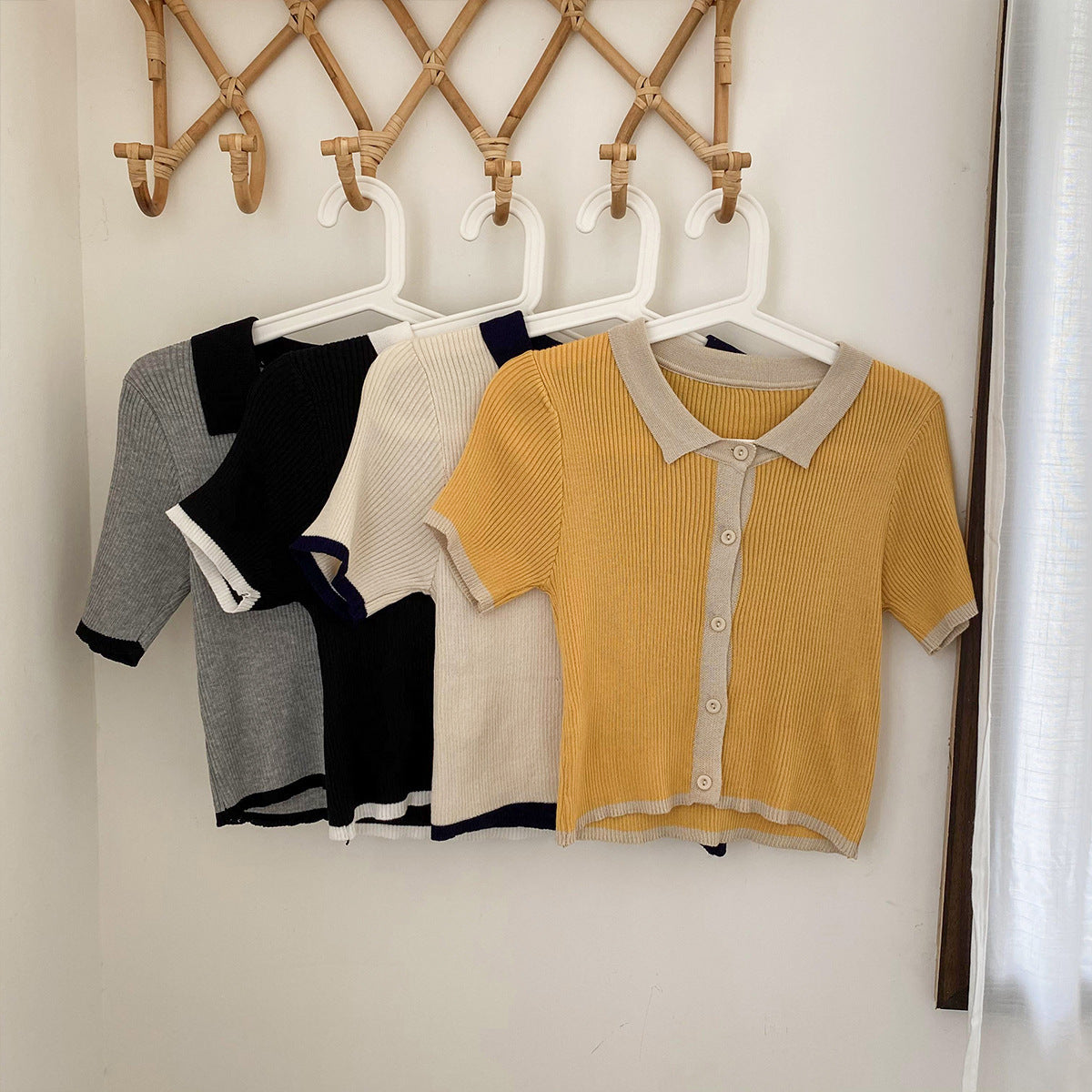 Vintage Short Sleeve Polo Neck Contrast Ice Silk Knit Sweater