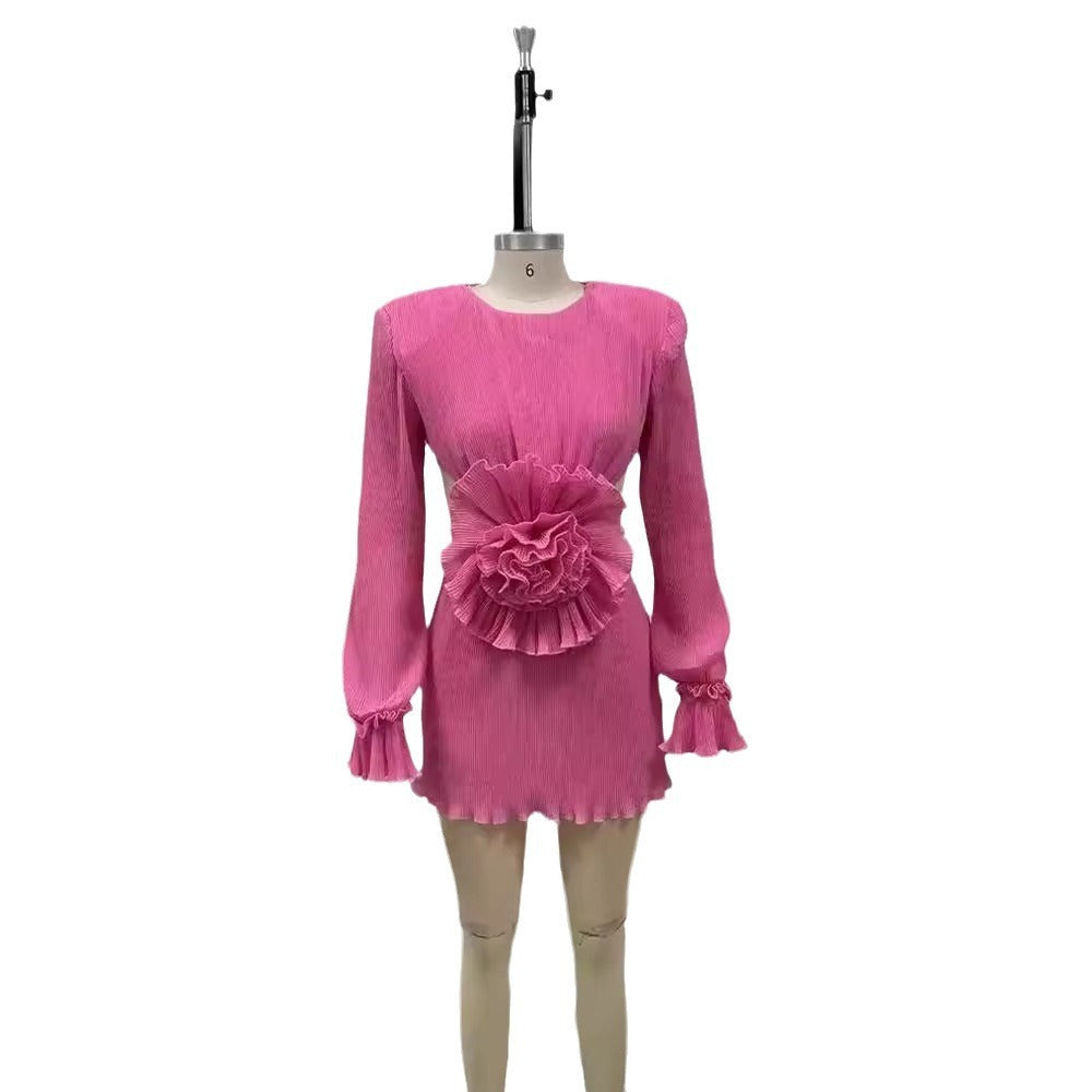 Women's Backless Long Sleeves Bandage Floral Dress Slim Fit Skirt