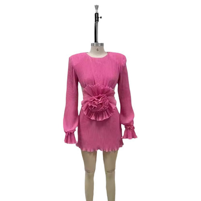 Women's Backless Long Sleeves Bandage Floral Dress Slim Fit Skirt