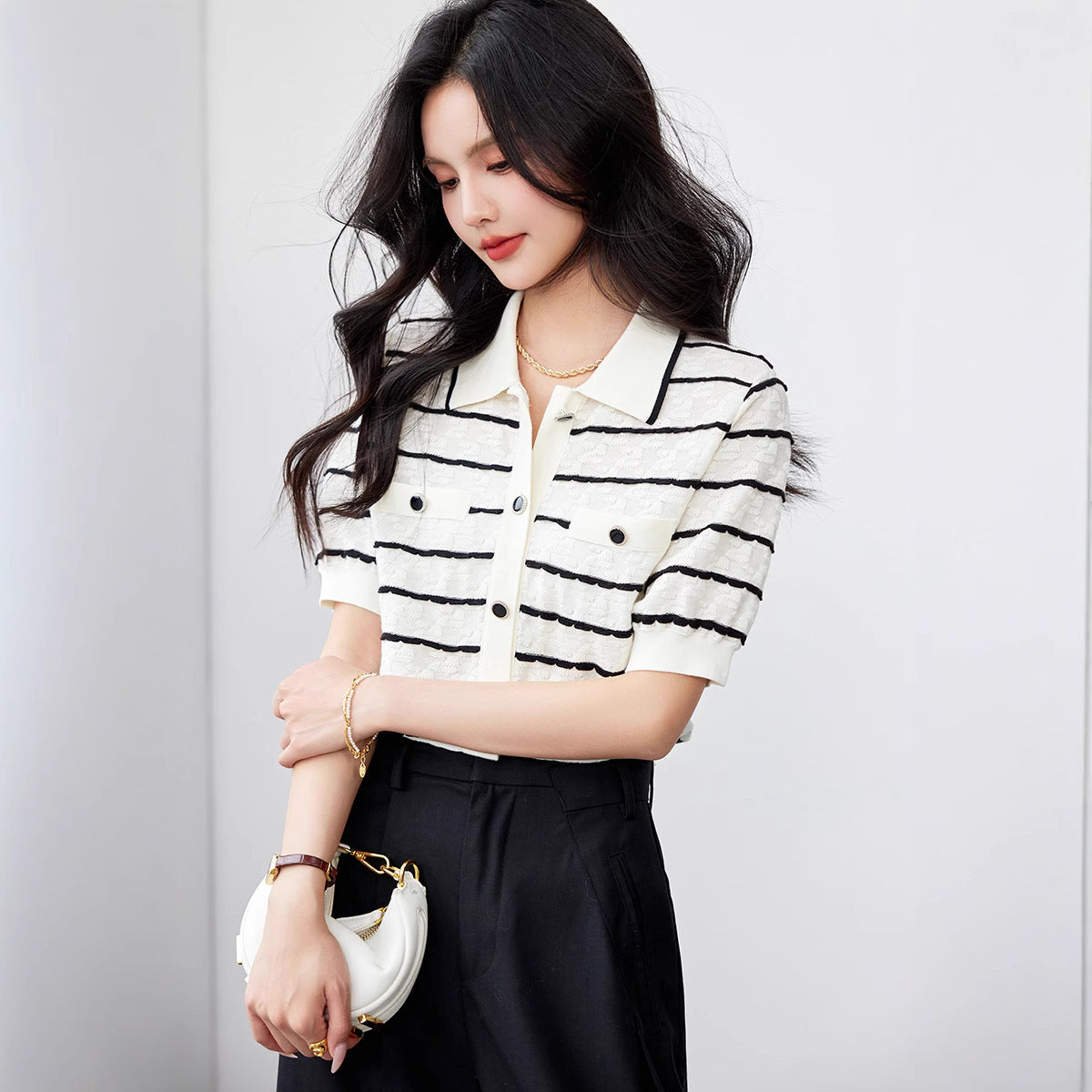 Elegant Polo Collar Striped Women's Contrast Colors Slimming Knitted Short Sleeve