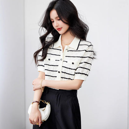 Elegant Polo Collar Striped Women's Contrast Colors Slimming Knitted Short Sleeve