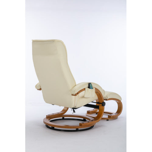 PU Upholstered Massage Recliner With Ottoman Footstool, 5 Points Massager, Bentwood Base For Living Room Bedroom, Beige