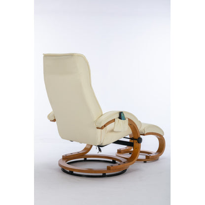 PU Upholstered Massage Recliner With Ottoman Footstool, 5 Points Massager, Bentwood Base For Living Room Bedroom, Beige