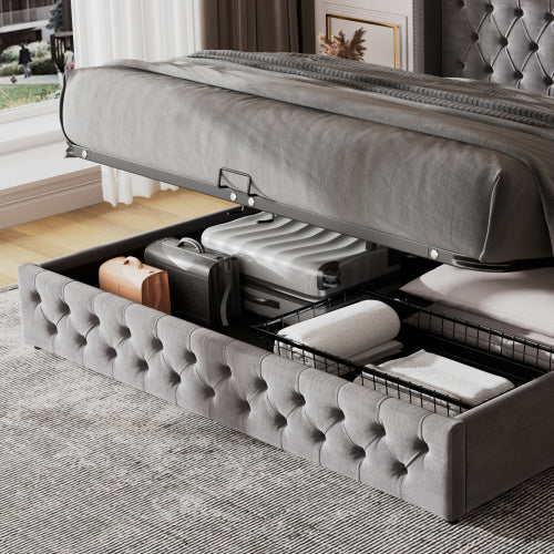 Upholstered Bed, With Hydraulic Lever, Functional Bed From Storage, 150 X 200 Cm, Without Mattress, Velvet, Gray