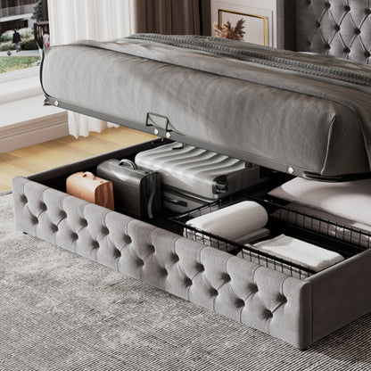 Upholstered Bed, With Hydraulic Lever, Functional Bed From Storage, 150 X 200 Cm, Without Mattress, Velvet, Gray