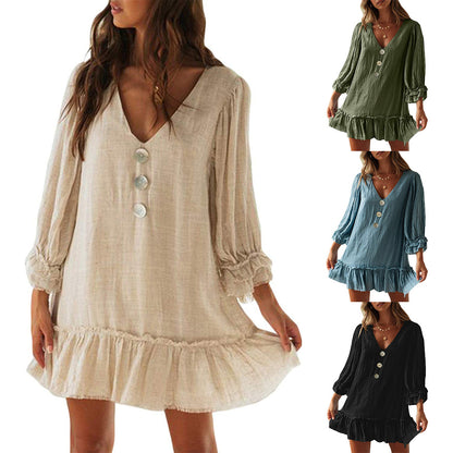 Women's Fashion Loose-fitting Long Sleeves Ruffled Hem Cotton Linen Dress
