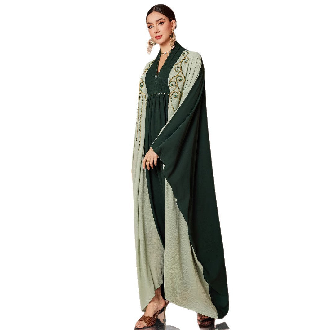 Dark Green Color Matching Handmade Embroidered Beads Batwing Sleeve Cloak Muslim Fashionable Elegant Gown