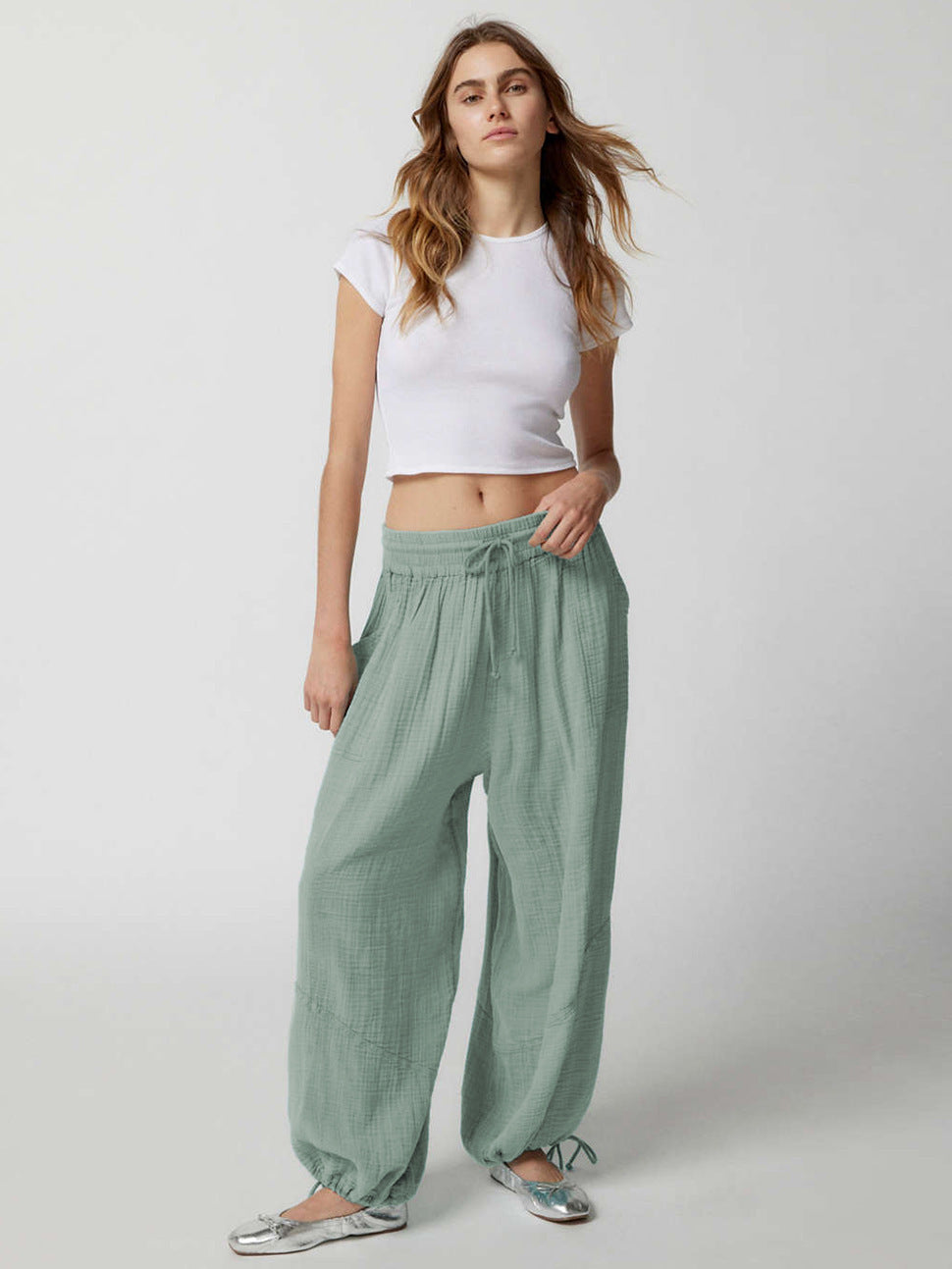 Loose Wide Leg Pants Women Drawstring Leggings Trousers