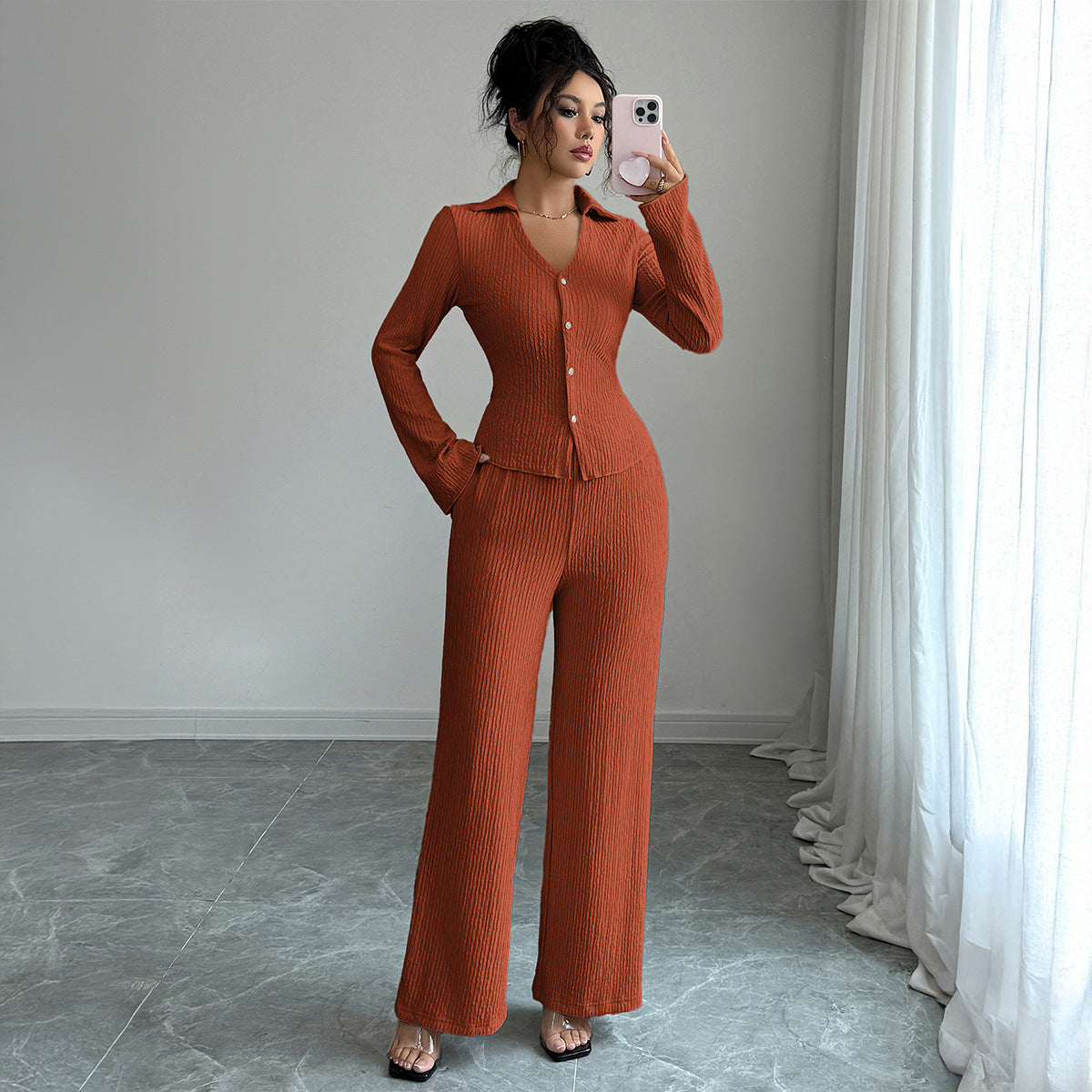 Button Shirt Wide-leg Pants Suit For Women