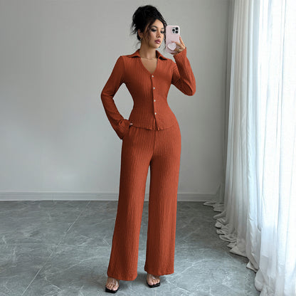 Button Shirt Wide-leg Pants Suit For Women