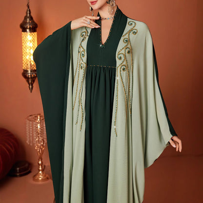Dark Green Color Matching Handmade Embroidered Beads Batwing Sleeve Cloak Muslim Fashionable Elegant Gown