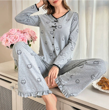 Ladies' Printed Bow Pants With Wooden Edge And Ear Sleepwear